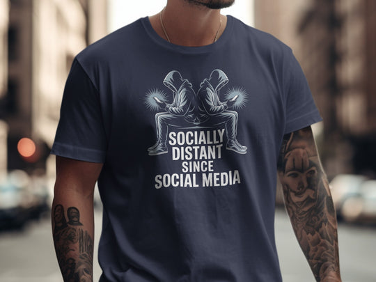 social media t-shirt “socially distant since social media” men’s graphic tee with hooded phone users