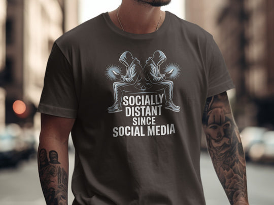 social media t-shirt “socially distant since social media” men’s graphic tee with hooded phone users