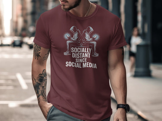 social media t-shirt “socially distant since social media” men’s graphic tee with hooded phone users