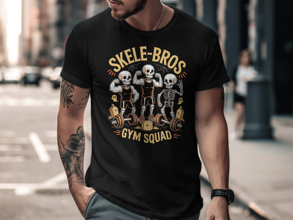 Halloween T-shirt for men with Skele-Bros Gym Squad skeletons lifting barbells graphic