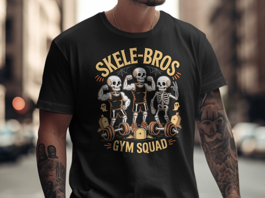 Halloween T-shirt for men with Skele-Bros Gym Squad skeletons lifting barbells graphic