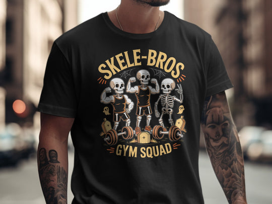 Halloween T-shirt for men with Skele-Bros Gym Squad skeletons lifting barbells graphic
