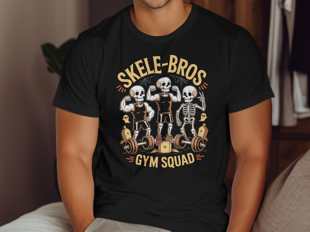 Halloween T-shirt for men with Skele-Bros Gym Squad skeletons lifting barbells graphic