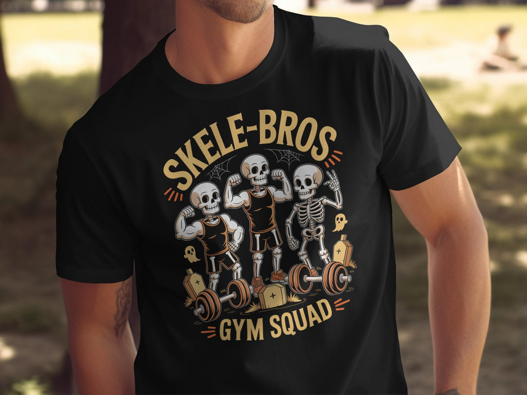 Halloween T-shirt for men with Skele-Bros Gym Squad skeletons lifting barbells graphic