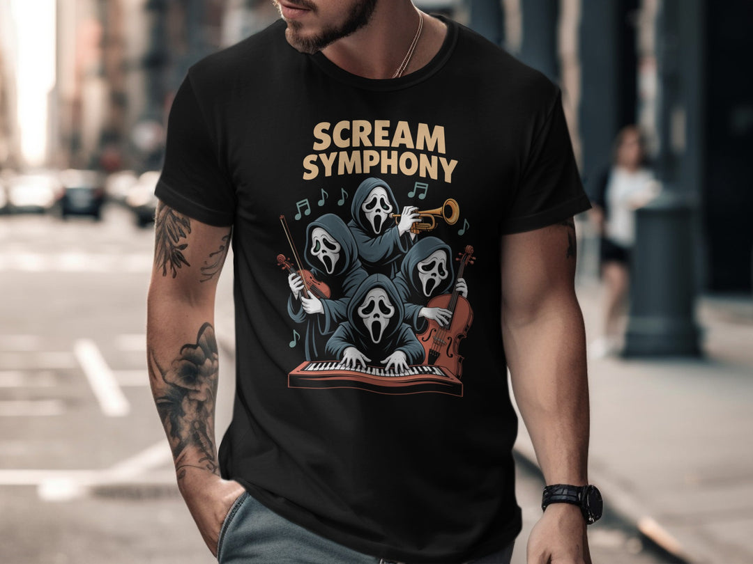 Halloween T-shirt for men with Scream Symphony masked ghouls orchestra graphic
