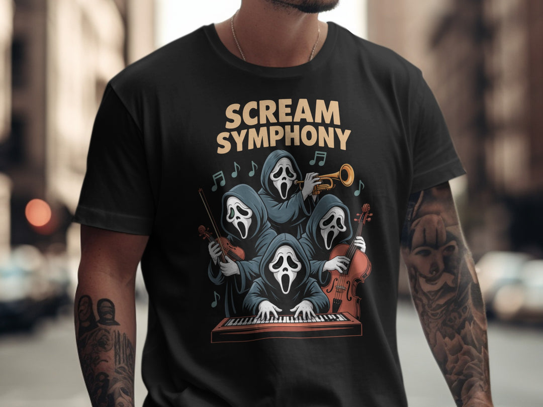 Halloween T-shirt for men with Scream Symphony masked ghouls orchestra graphic