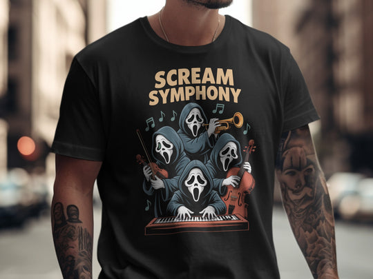Halloween T-shirt for men with Scream Symphony masked ghouls orchestra graphic