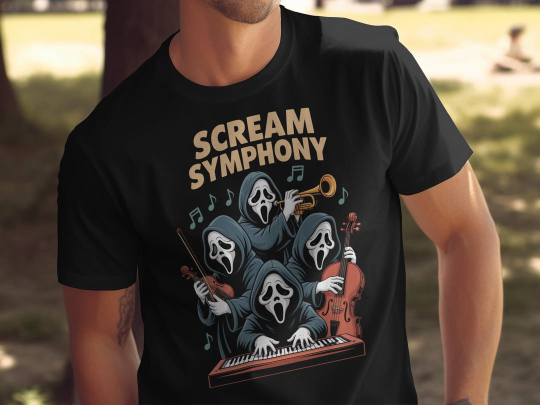 Halloween T-shirt for men with Scream Symphony masked ghouls orchestra graphic