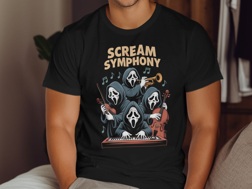 Halloween T-shirt for men with Scream Symphony masked ghouls orchestra graphic