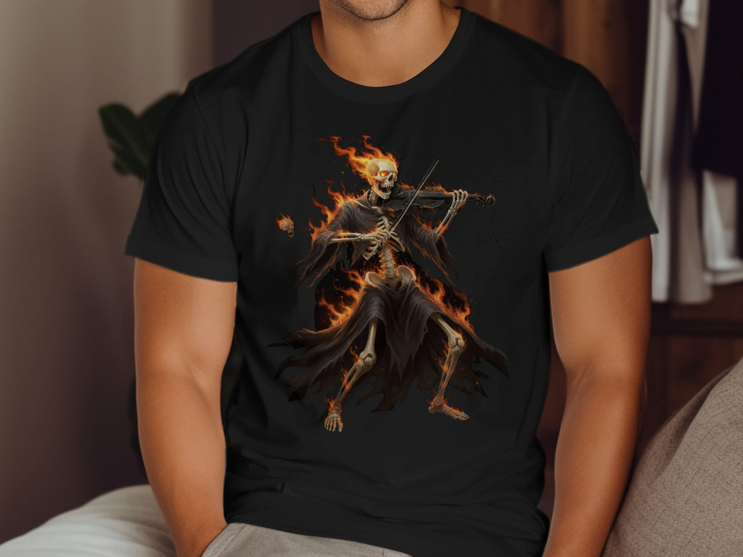 Halloween T-shirt for men with flaming skeleton violinist graphic