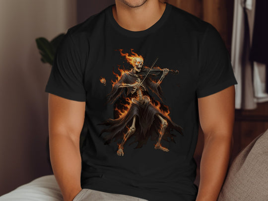 Halloween T-shirt for men with flaming skeleton violinist graphic