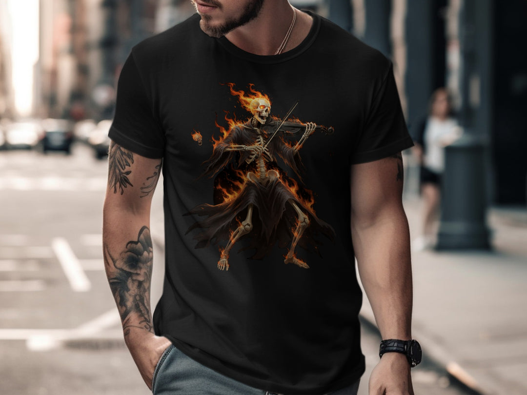 Halloween T-shirt for men with flaming skeleton violinist graphic