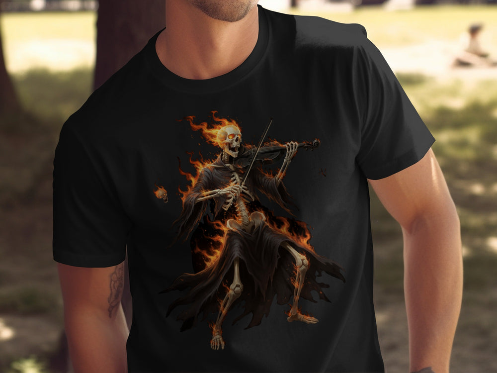 Halloween T-shirt for men with flaming skeleton violinist graphic