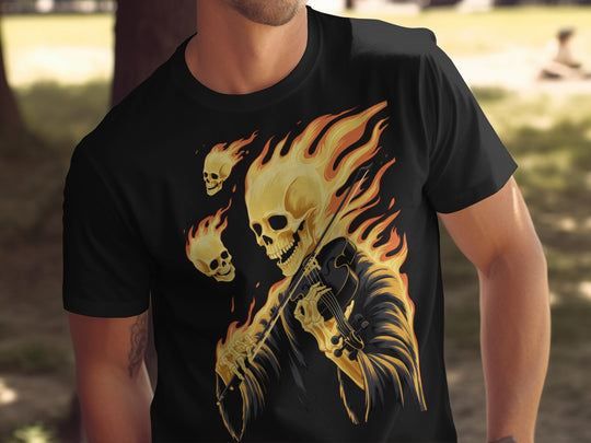 Halloween T-shirt for men with flaming skull violinist graphic