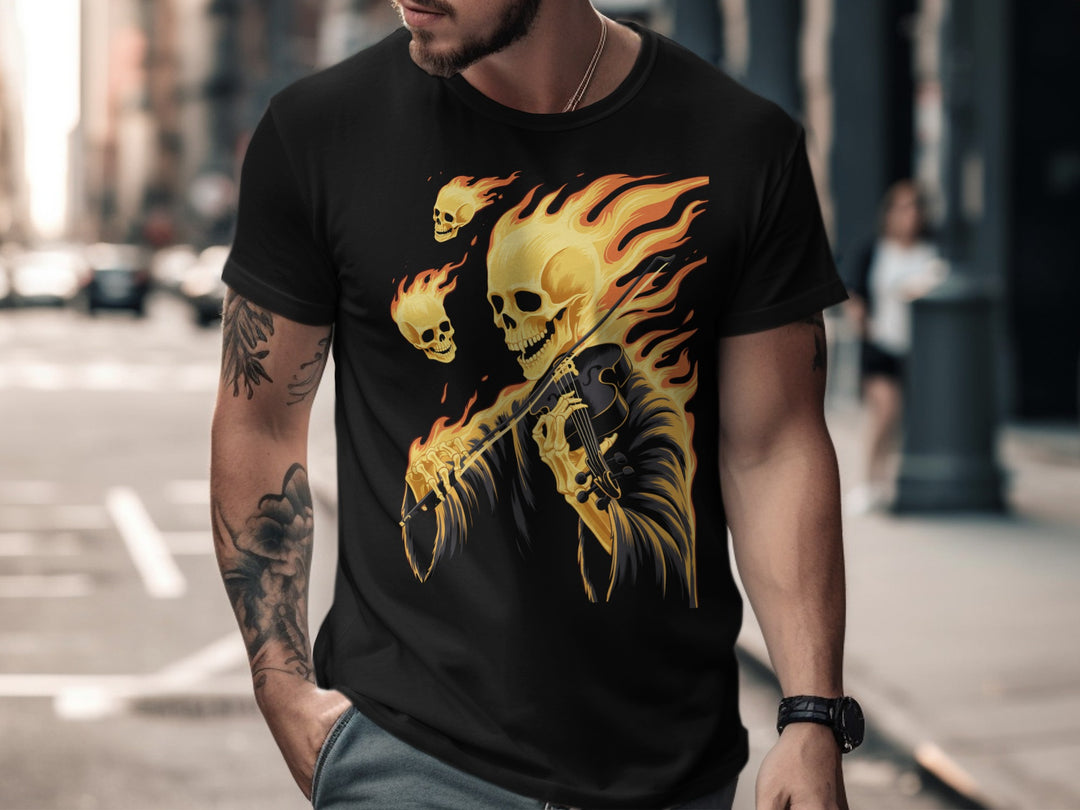Halloween T-shirt for men with flaming skull violinist graphic