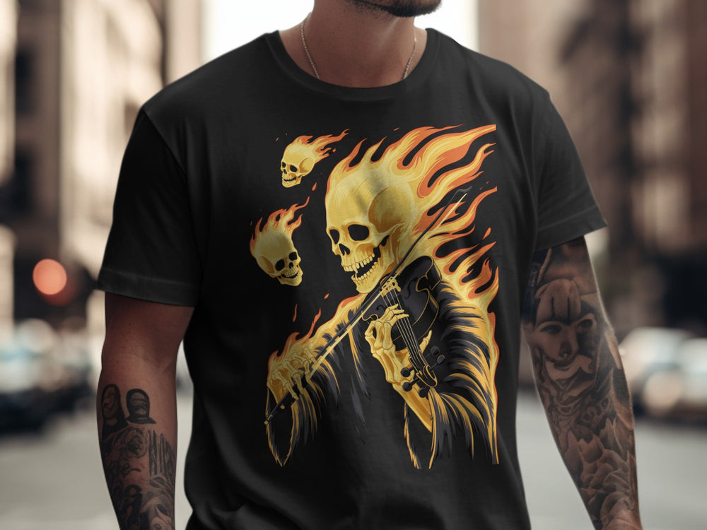 Halloween T-shirt for men with flaming skull violinist graphic