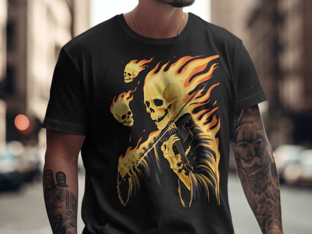 Halloween T-shirt for men with flaming skull violinist graphic