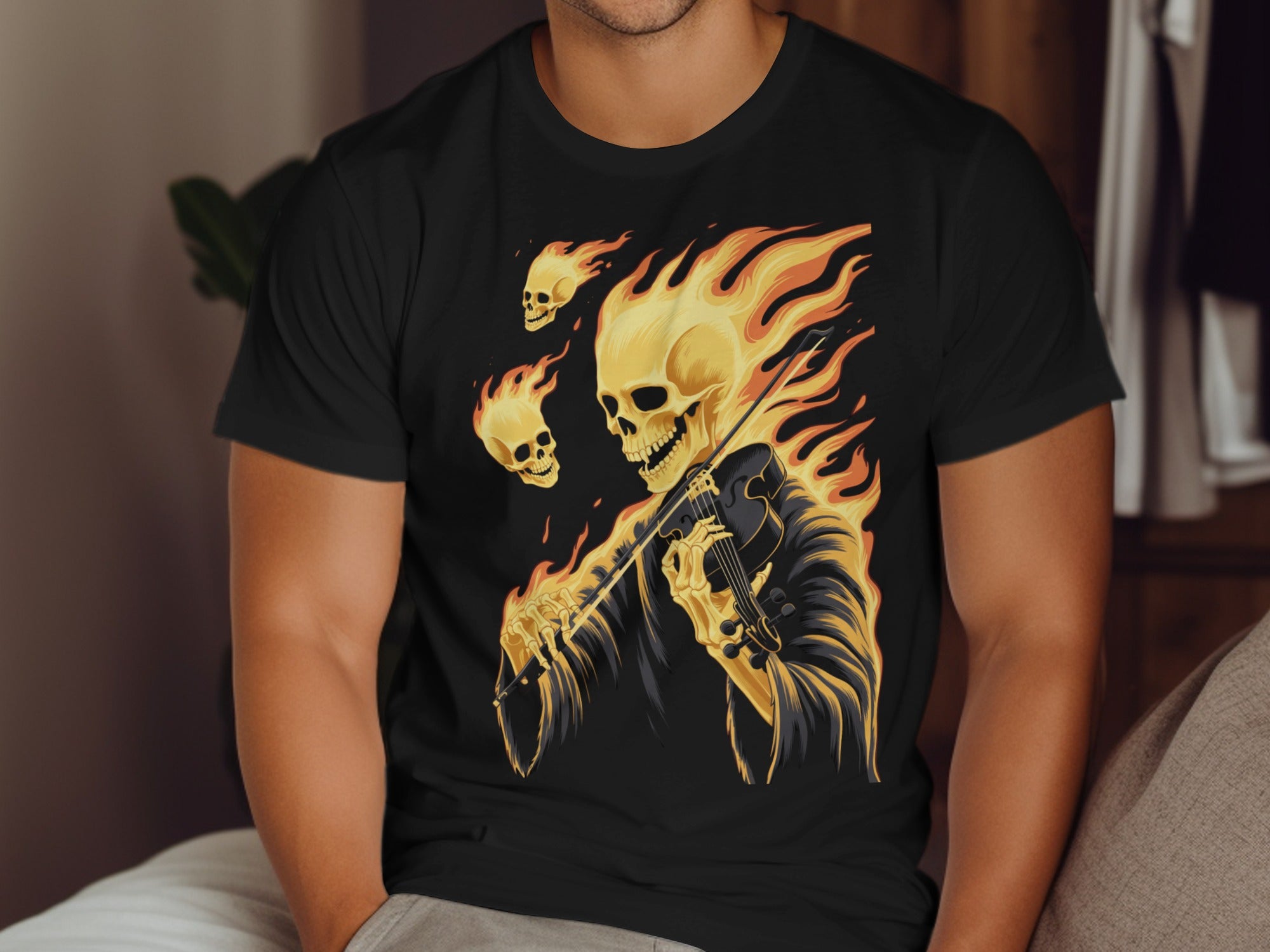 Halloween T-shirt for men with flaming skull violinist graphic