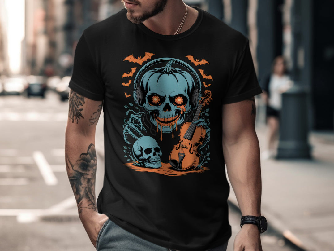 Halloween T-shirt for men with pumpkin skull DJ in headphones and violin graphic