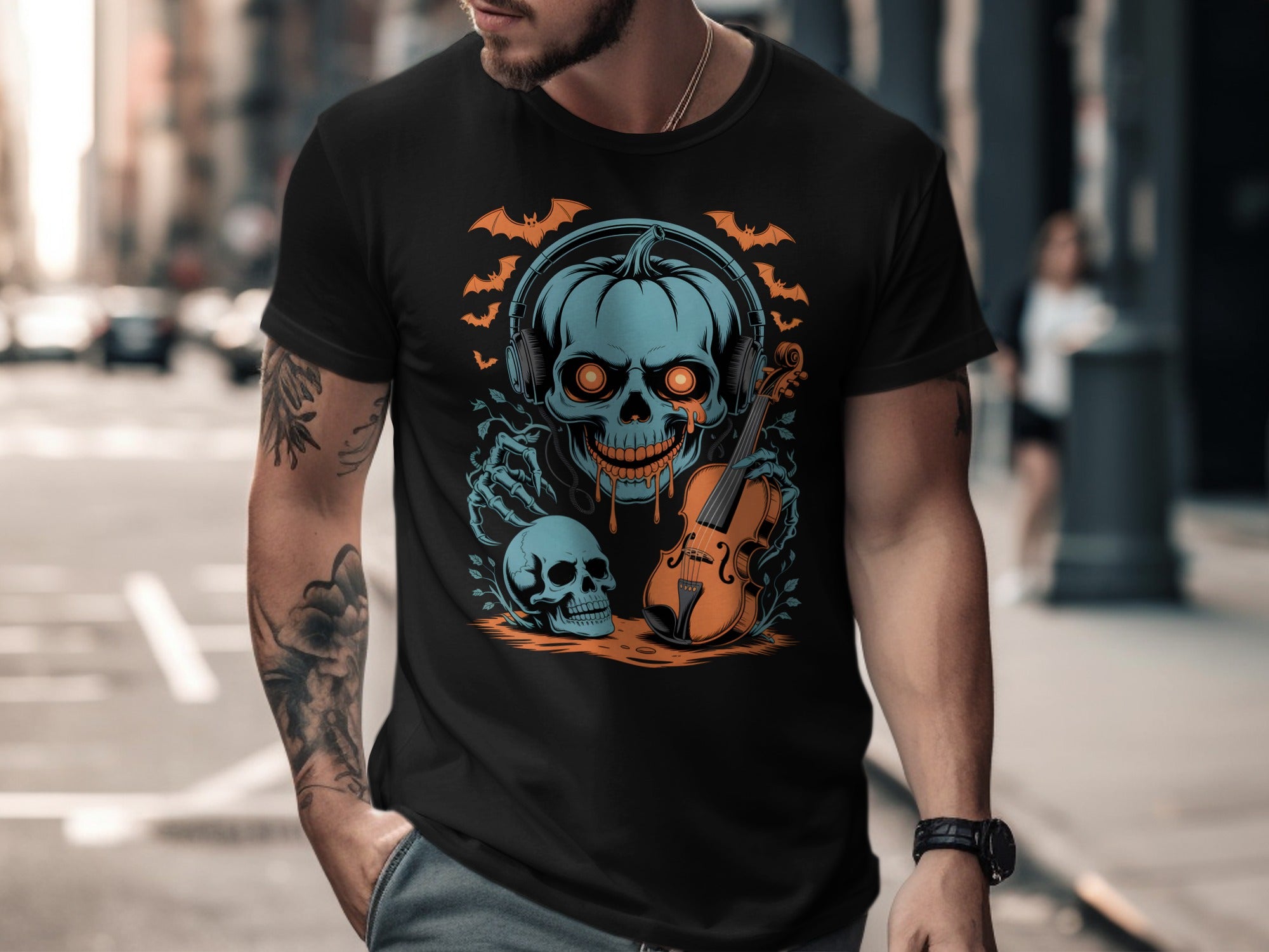 Halloween T-shirt for men with pumpkin skull DJ in headphones and violin graphic