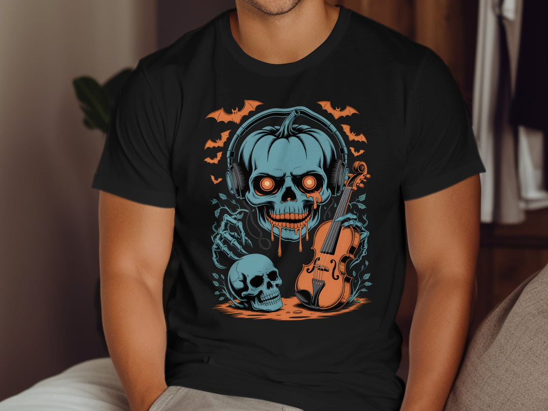 Halloween T-shirt for men with pumpkin skull DJ in headphones and violin graphic