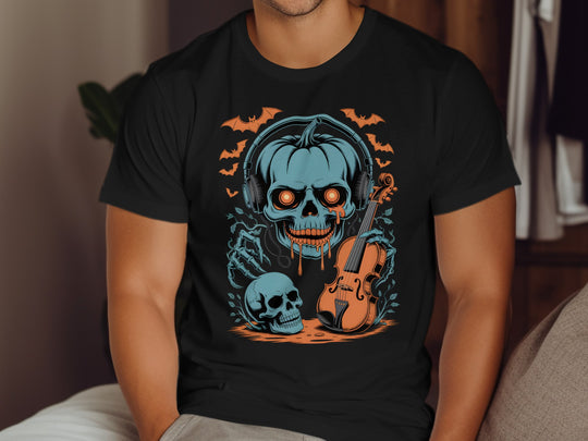 Halloween T-shirt for men with pumpkin skull DJ in headphones and violin graphic