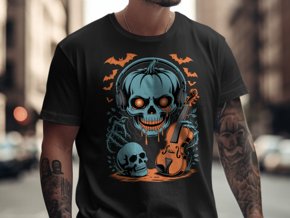 Halloween T-shirt for men with pumpkin skull DJ in headphones and violin graphic