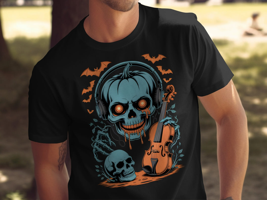 Halloween T-shirt for men with pumpkin skull DJ in headphones and violin graphic