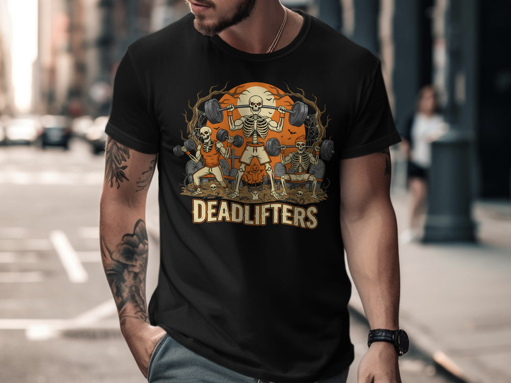 Halloween T-shirt for men with Deadlifters skeletons lifting barbells graphic