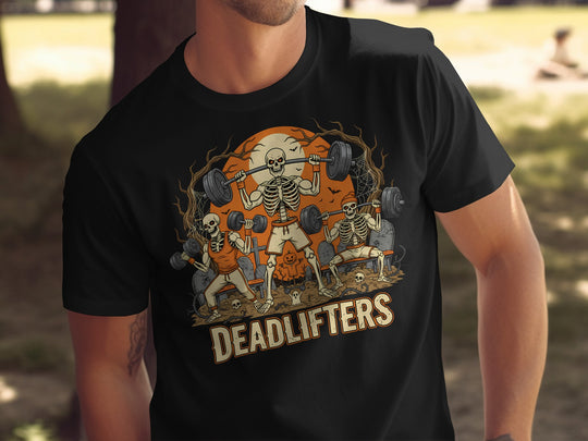 Halloween T-shirt for men with Deadlifters skeletons lifting barbells graphic