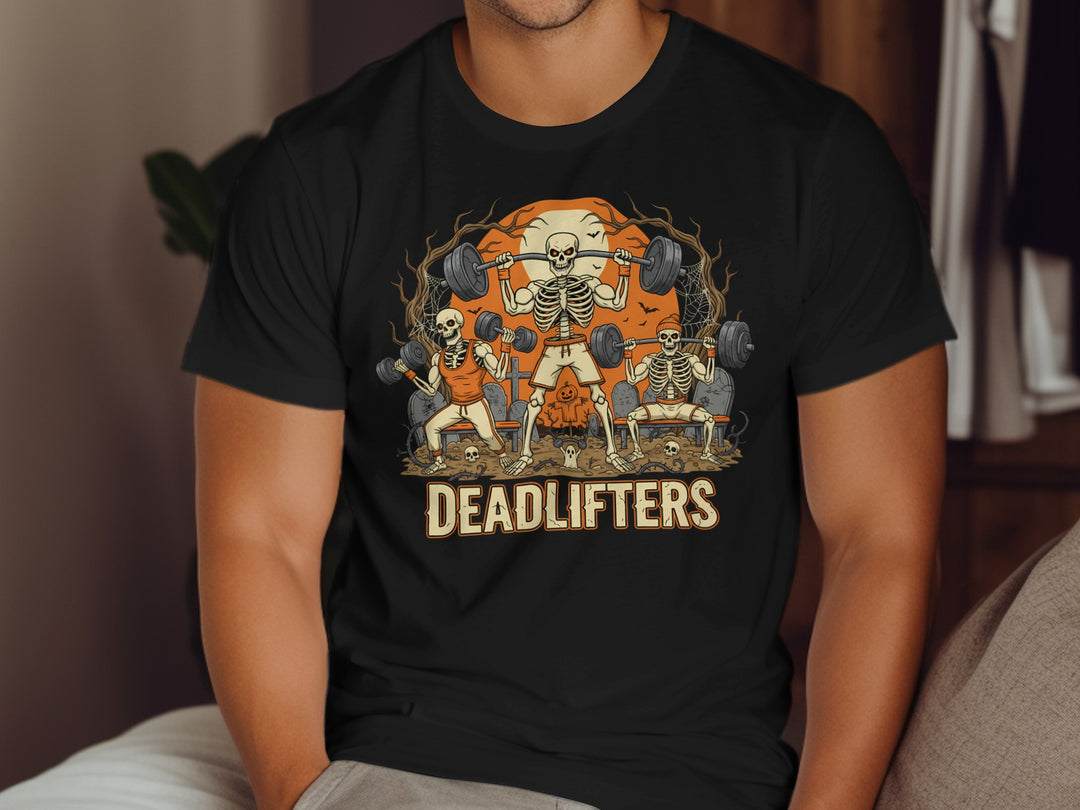 Halloween T-shirt for men with Deadlifters skeletons lifting barbells graphic