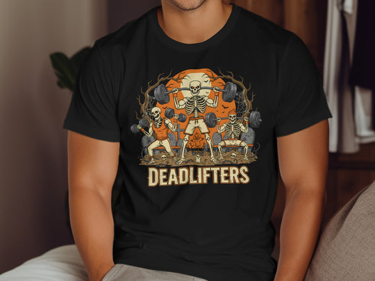 Halloween T-shirt for men with Deadlifters skeletons lifting barbells graphic