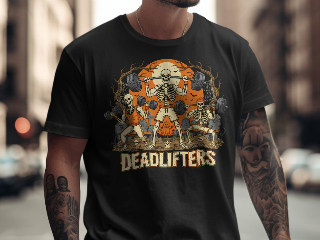 Halloween T-shirt for men with Deadlifters skeletons lifting barbells graphic