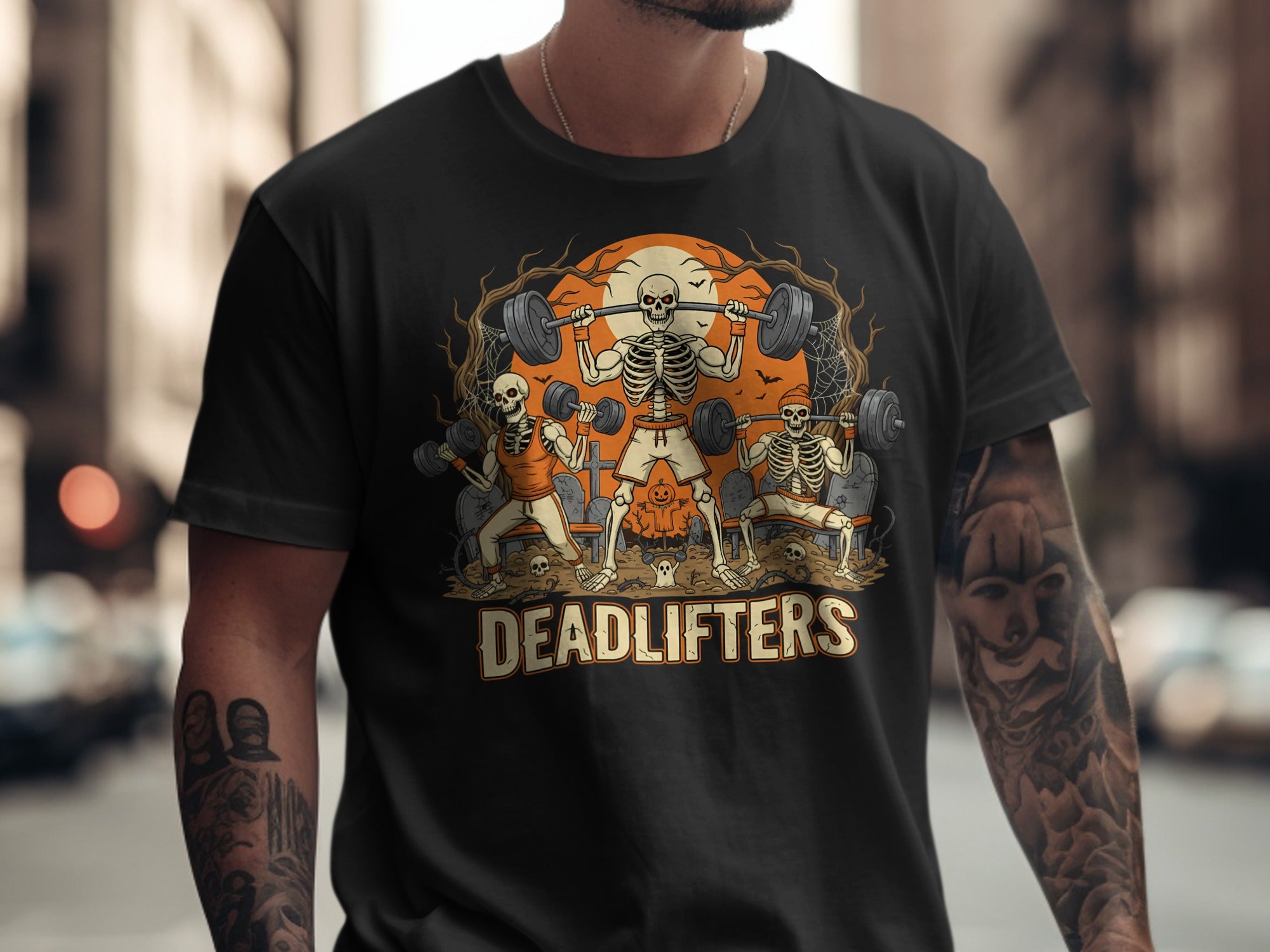 Halloween T-shirt for men with Deadlifters skeletons lifting barbells graphic