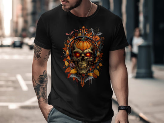Halloween T-Shirt Men – Pumpkin Skull Soundwave