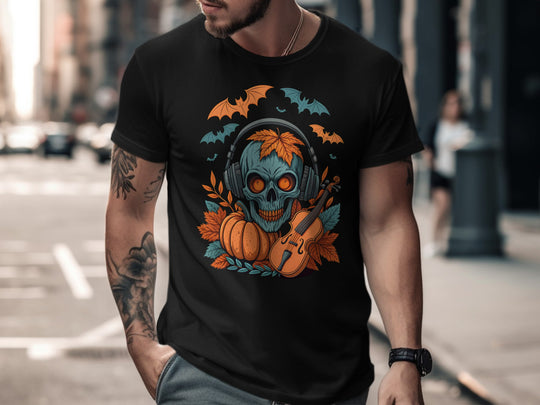 Halloween T-shirt for men with skull in headphones, pumpkin and violin graphic