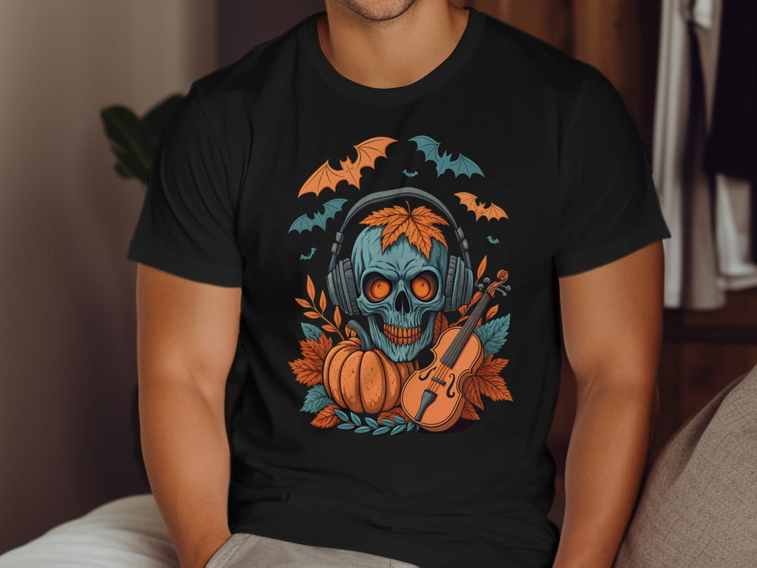 Halloween T-shirt for men with skull in headphones, pumpkin and violin graphic