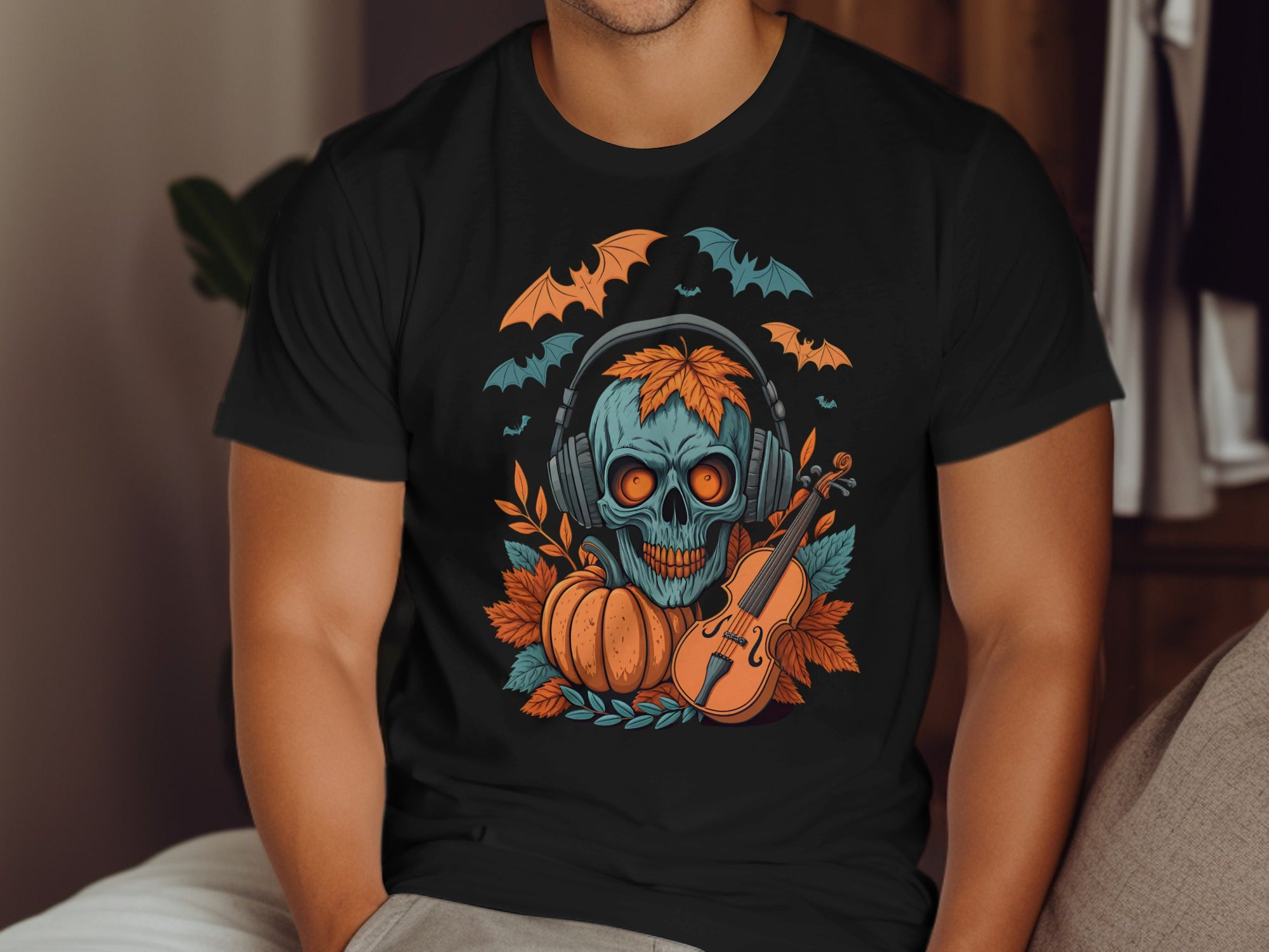 Halloween T-shirt for men with skull in headphones, pumpkin and violin graphic