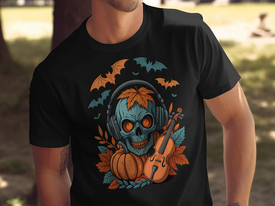 Halloween T-shirt for men with skull in headphones, pumpkin and violin graphic