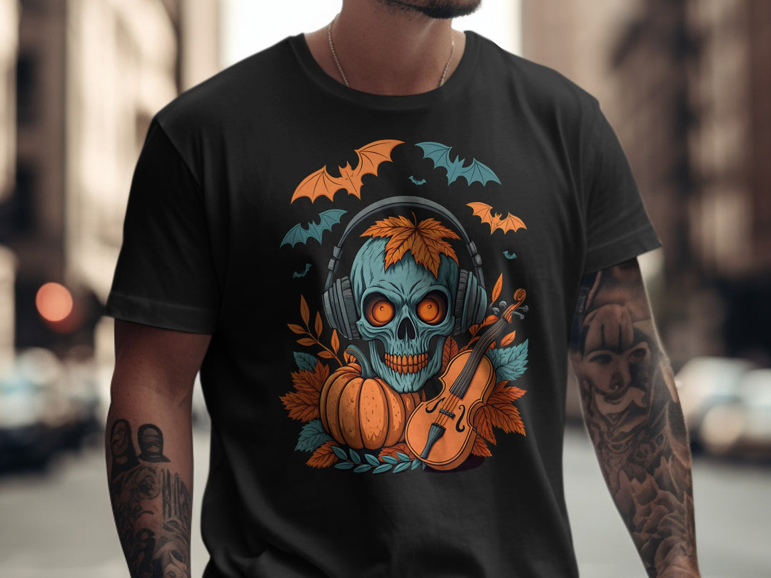 Halloween T-shirt for men with skull in headphones, pumpkin and violin graphic