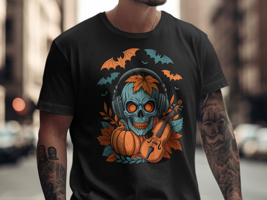 Halloween T-shirt for men with skull in headphones, pumpkin and violin graphic