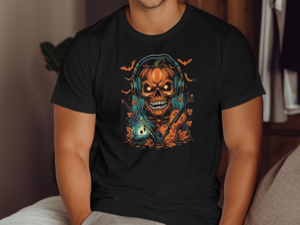 Halloween T-shirt for men with pumpkin skull in headphones, violin and bats graphic