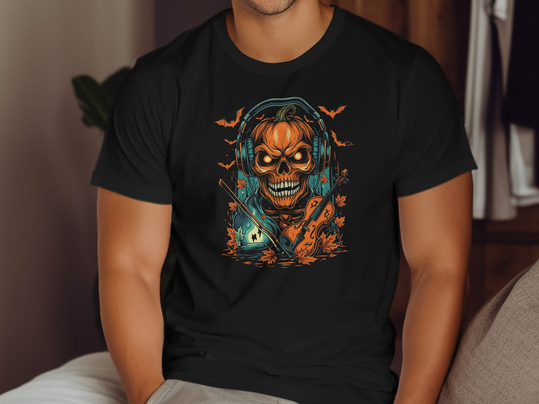 Halloween T-shirt for men with pumpkin skull in headphones, violin and bats graphic