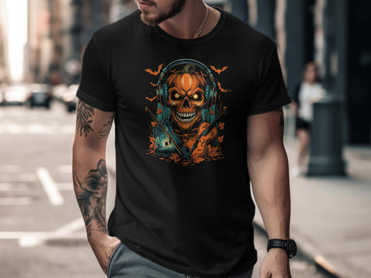 Halloween T-shirt for men with pumpkin skull in headphones, violin and bats graphic