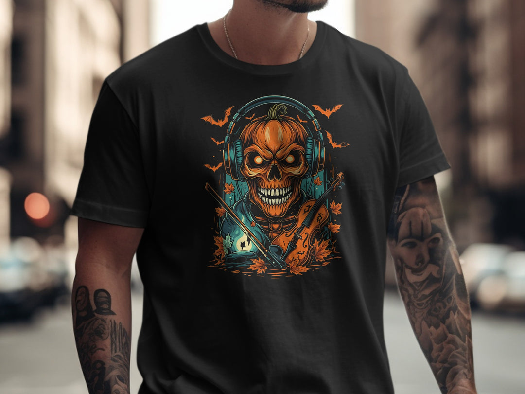 Halloween T-shirt for men with pumpkin skull in headphones, violin and bats graphic
