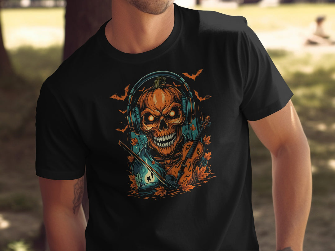Halloween T-shirt for men with pumpkin skull in headphones, violin and bats graphic
