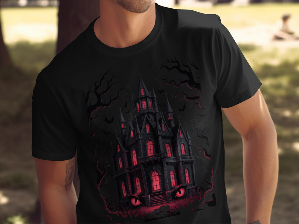 Halloween T-shirt for men with haunted manor, glowing red windows, bats and twisted trees graphic
