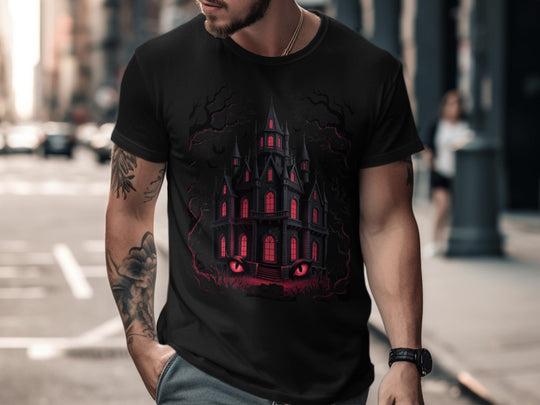 Halloween T-shirt for men with haunted manor, glowing red windows, bats and twisted trees graphic