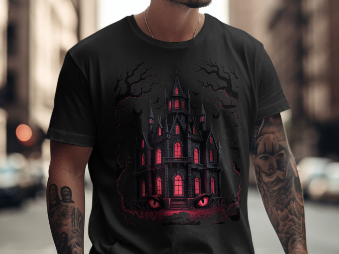 Halloween T-shirt for men with haunted manor, glowing red windows, bats and twisted trees graphic