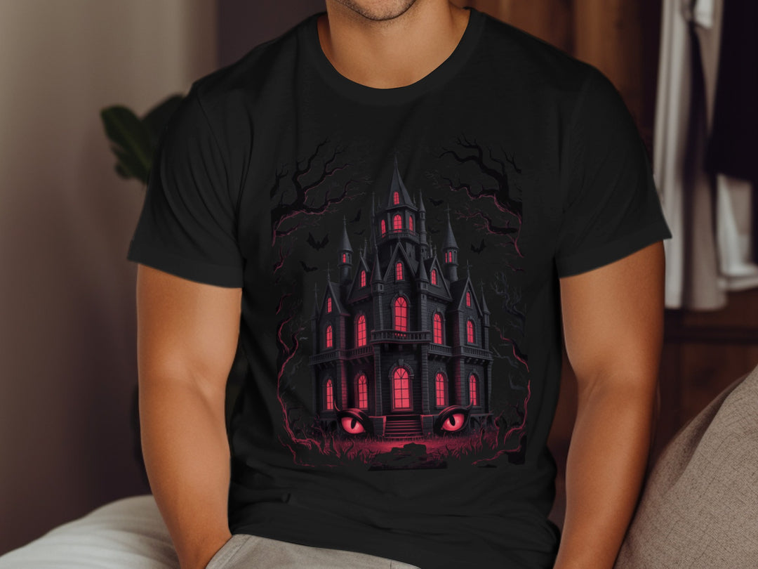 Halloween T-shirt for men with haunted manor, glowing red windows, bats and twisted trees graphic